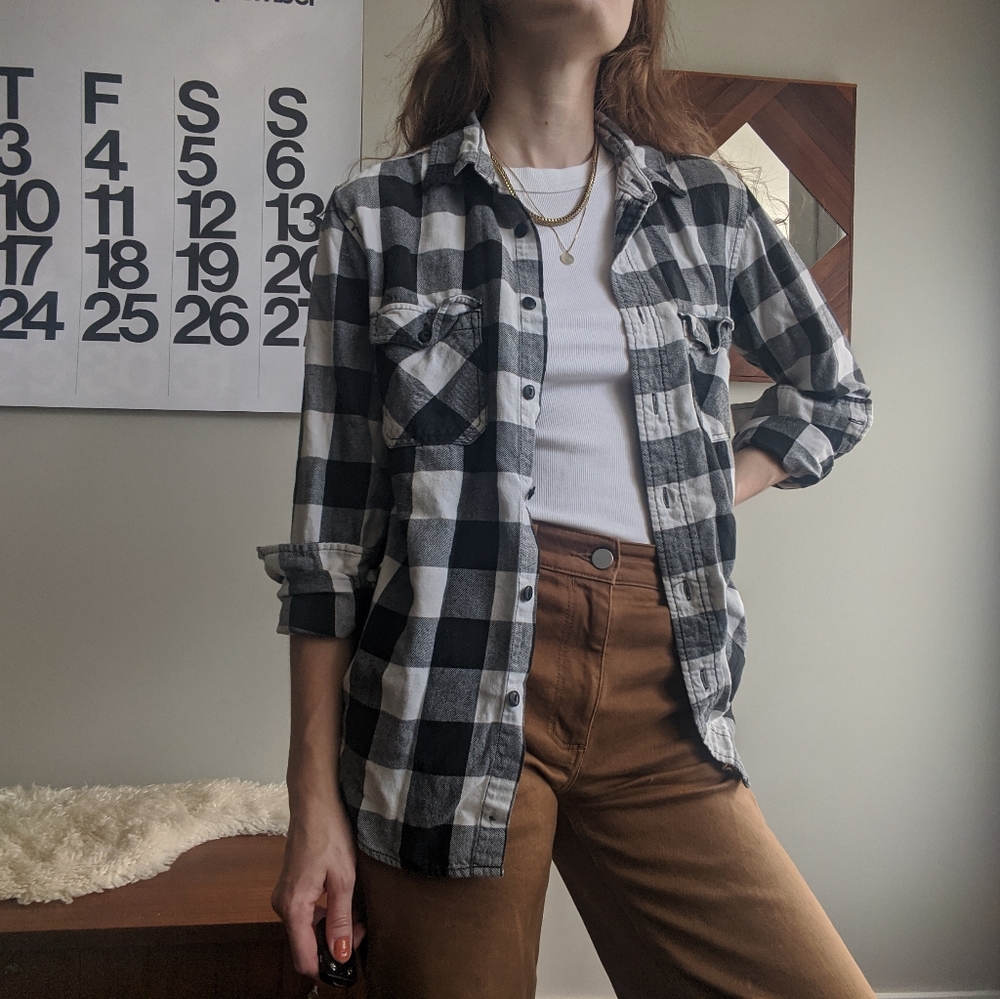 Black and White Buffalo Plaid Flannel Cotton Top